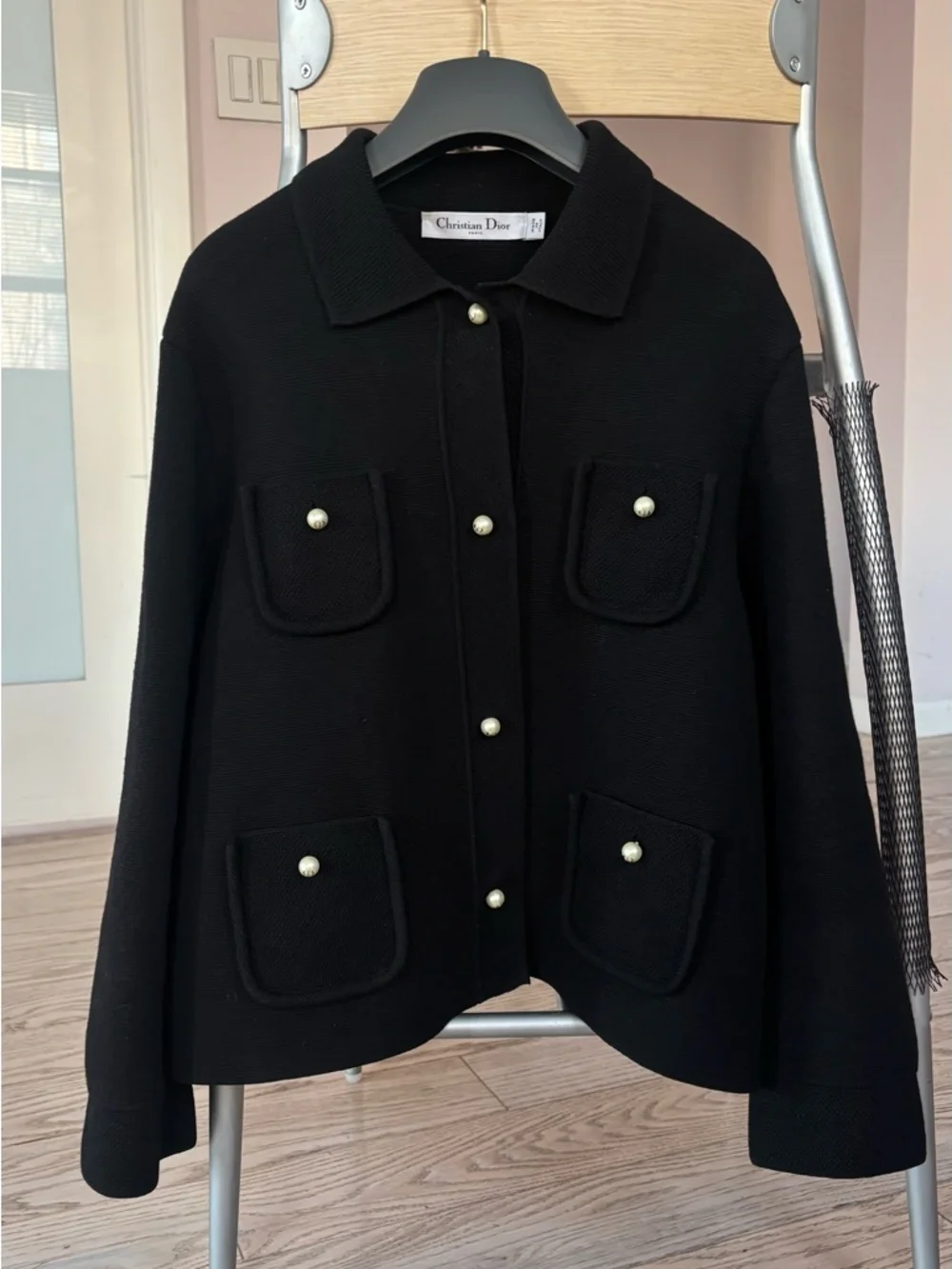 Dior Black Knit Collared Jacket with Pearl Button